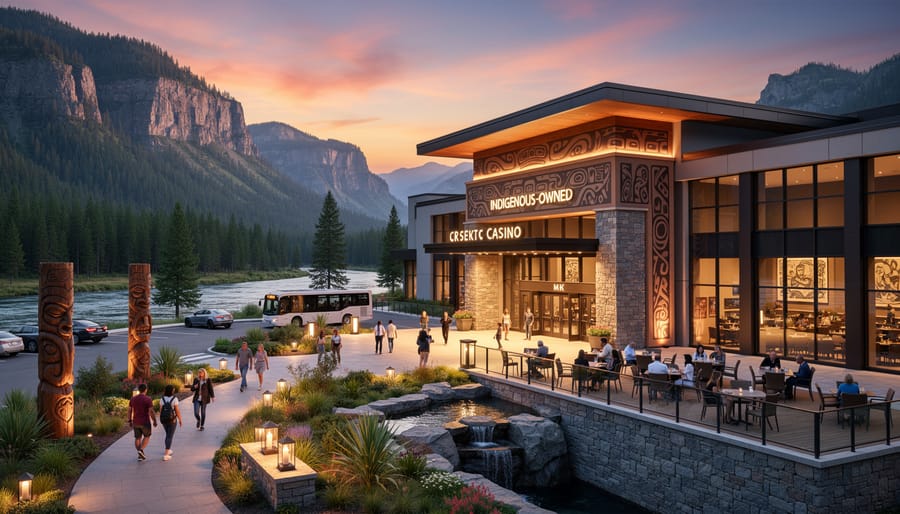 Tribal casino resort situated near mountains and natural landscape at sunset