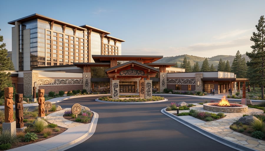 Exterior view of contemporary Indigenous-owned casino resort building at sunset