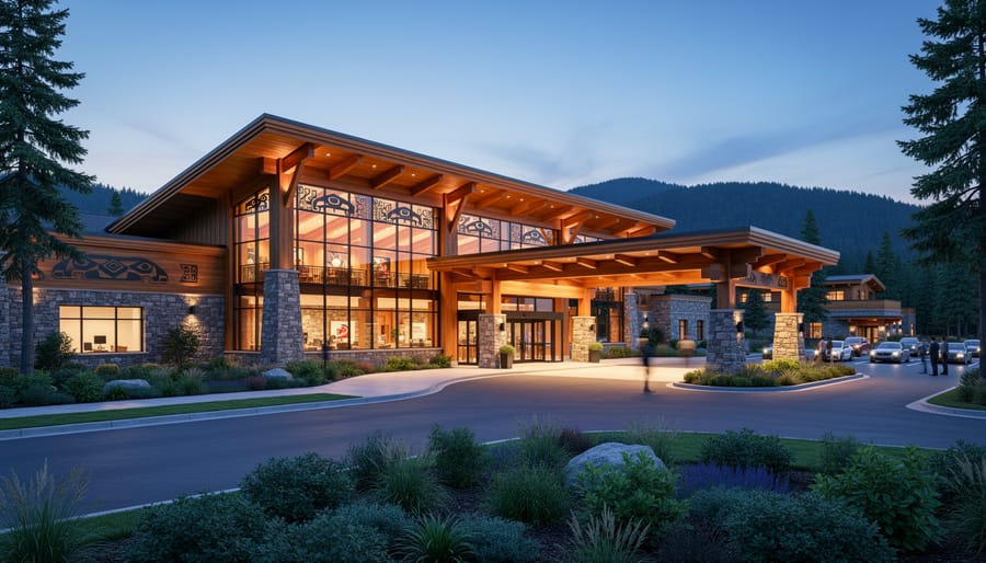 Modern Indigenous-owned casino resort at dusk with cedar-and-stone facade, subtle tribal-inspired motifs, warm interior lights, and forested hills in the background.