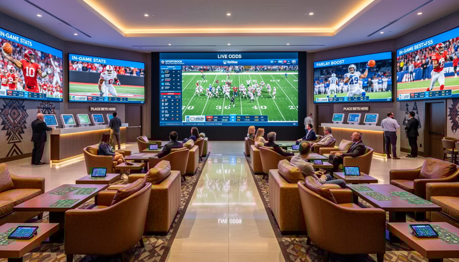 Modern sportsbook lounge interior with large viewing screens and betting facilities at Indigenous casino