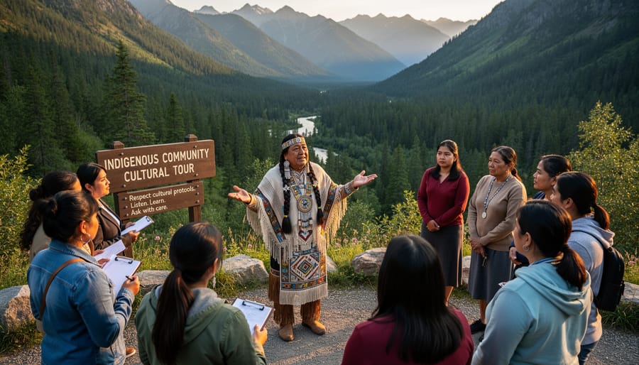 Indigenous elder and tourism guide standing together on traditional territory landscape