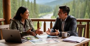Indigenous tourism operator and cultural marketing advisor collaborating at an outdoor wooden table with printed photos and a laptop, pine forest and river softly blurred in the background.