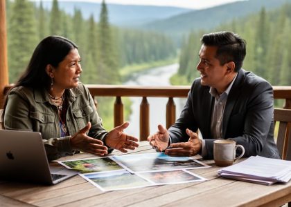 Indigenous tourism operator and cultural marketing advisor collaborating at an outdoor wooden table with printed photos and a laptop, pine forest and river softly blurred in the background.