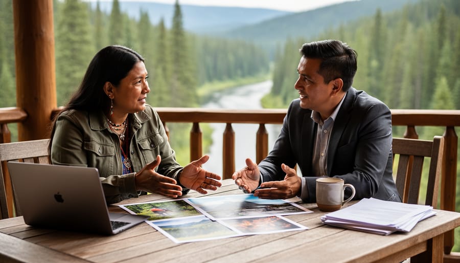 Indigenous tourism operator and cultural marketing advisor collaborating at an outdoor wooden table with printed photos and a laptop, pine forest and river softly blurred in the background.