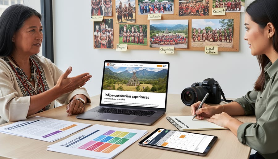 Laptop and Indigenous cultural artifacts on desk representing culturally-informed content creation