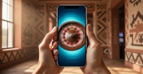 Hands holding a smartphone showing a spinning roulette wheel, photographed at eye level, with a softly blurred modern tribal casino featuring indigenous-inspired geometric architecture in the background under soft natural daylight.