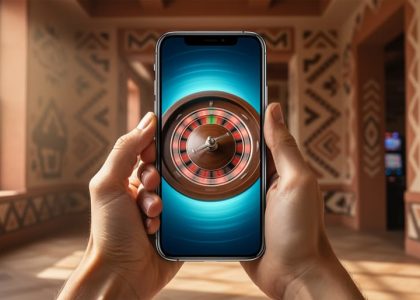 Hands holding a smartphone showing a spinning roulette wheel, photographed at eye level, with a softly blurred modern tribal casino featuring indigenous-inspired geometric architecture in the background under soft natural daylight.