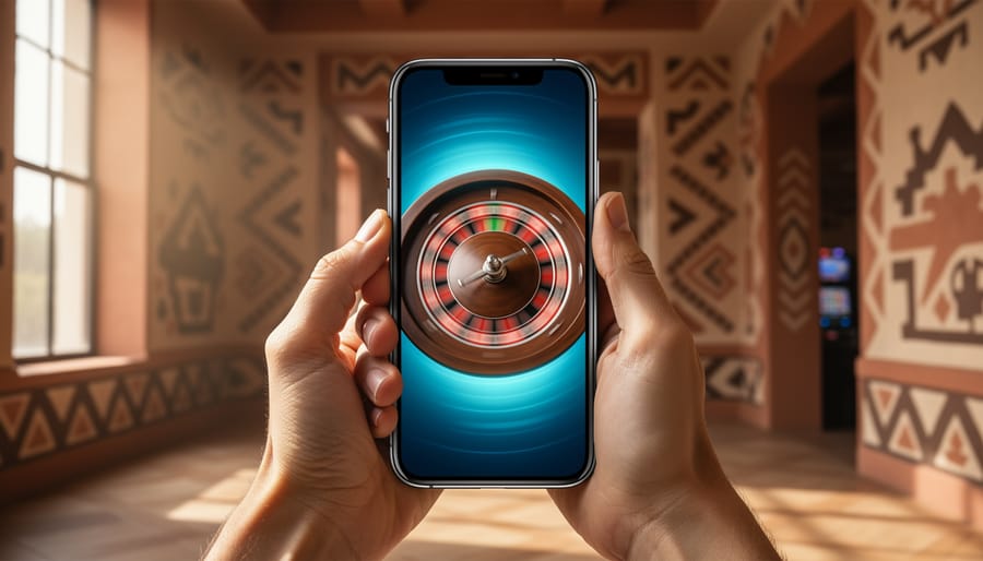 Hands holding a smartphone showing a spinning roulette wheel, photographed at eye level, with a softly blurred modern tribal casino featuring indigenous-inspired geometric architecture in the background under soft natural daylight.