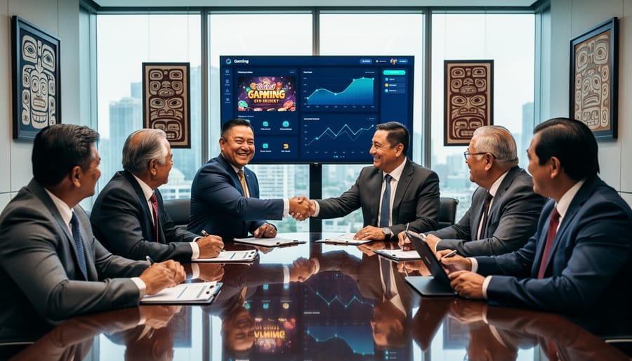 Business professionals in collaborative meeting discussing gaming industry partnerships
