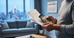 “A homeowner sits indoors reviewing mortgage documents and using a calculator while holding keys on a table, representing concerns about an ending fixed-rate mortgage.”