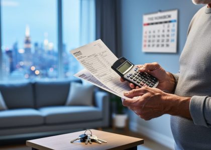“A homeowner sits indoors reviewing mortgage documents and using a calculator while holding keys on a table, representing concerns about an ending fixed-rate mortgage.”
