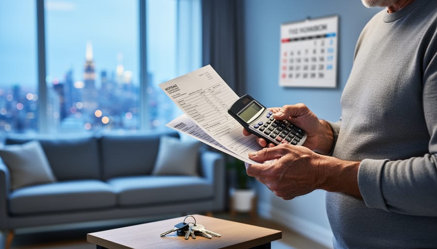 “A homeowner sits indoors reviewing mortgage documents and using a calculator while holding keys on a table, representing concerns about an ending fixed-rate mortgage.”