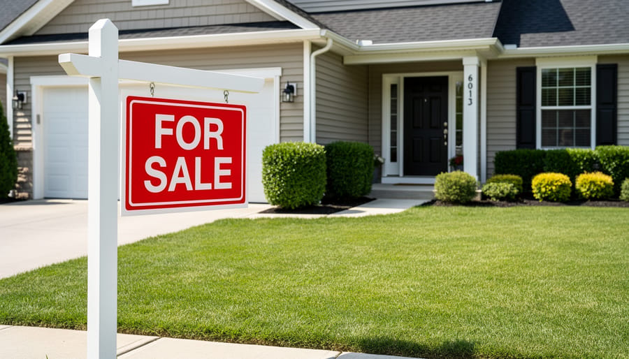 For-sale sign positioned by a home’s front steps