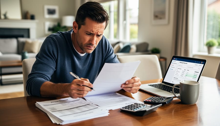 Person sitting at home examining mortgage paperwork and using a calculator