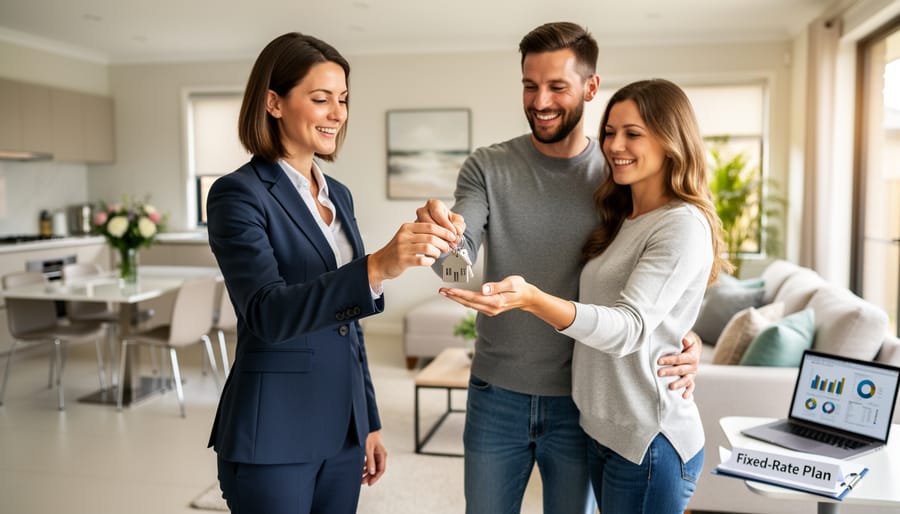 Real estate agent and homeowner holding keys in a staged living room