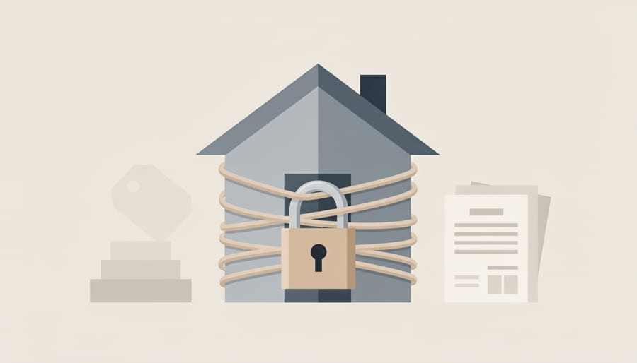 Ropes and a padlock beside stacked mortgage-related documents
